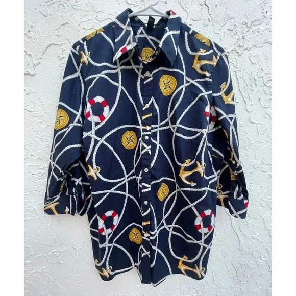 Vintage Lauren Ralph Lauren Womens Nautical Sailor Anchor Button Down Shirt 1X - Picture 8 of 9